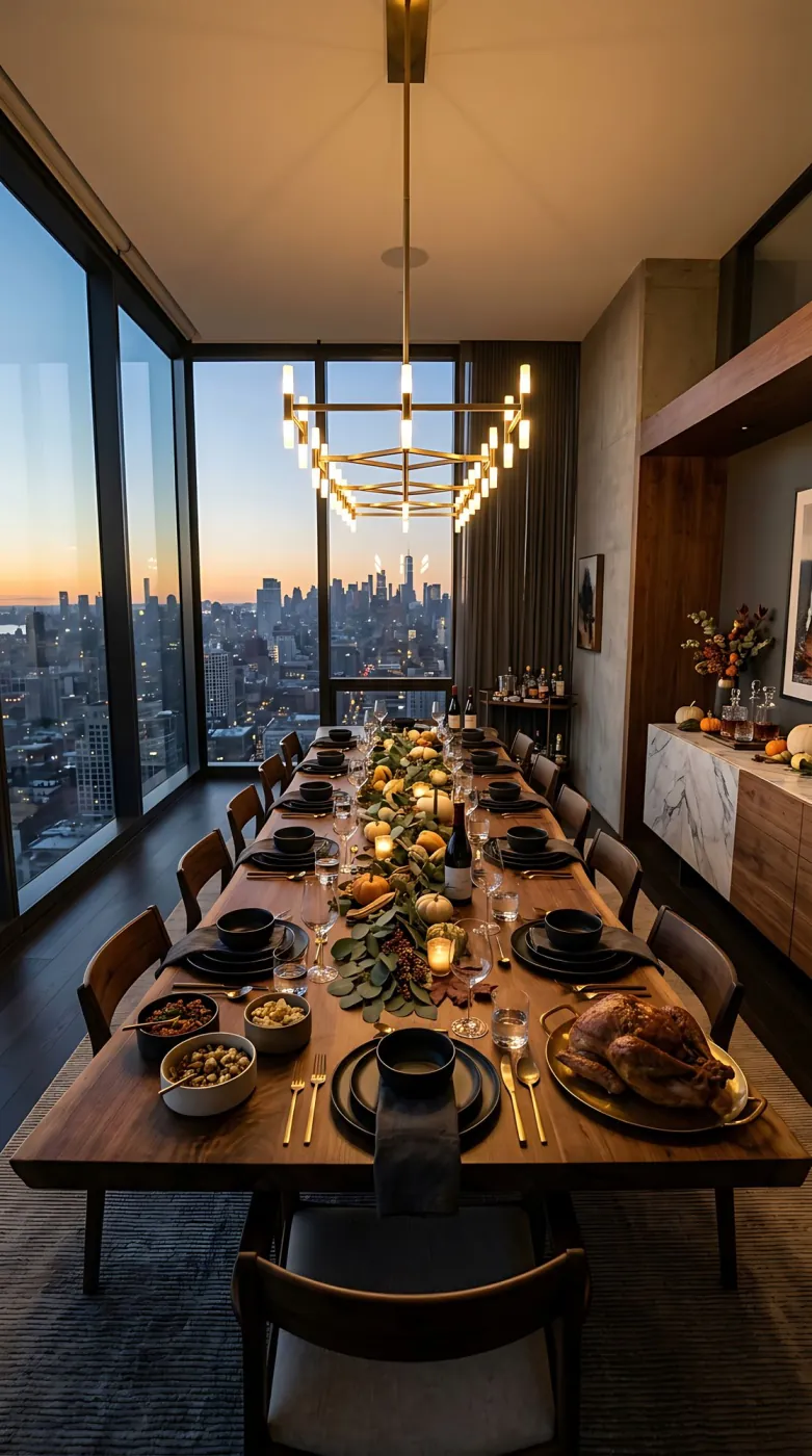 A long dinner table set in an apartment above the city at sunset